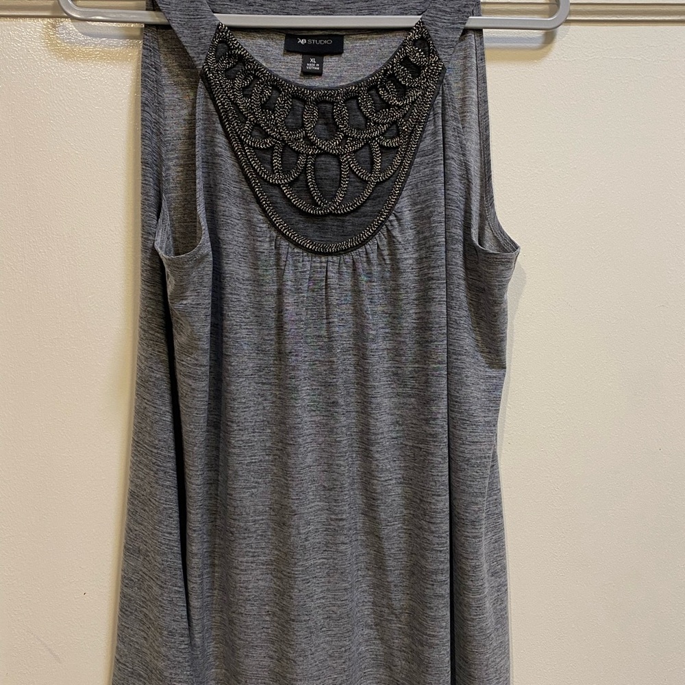 AB Studio Gray Sleeveless Tank Top with Beaded Necklace Detail